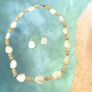 Mother of Pearl Leaf Necklace & Earring Set Vintage